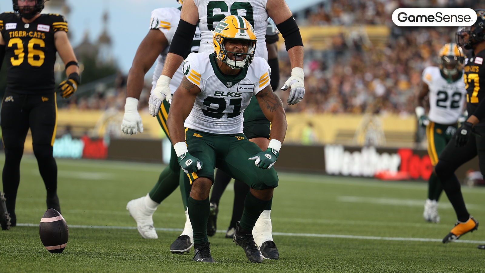 Rankin celebrates a touchdown against the Hamilton Tiger-Cats