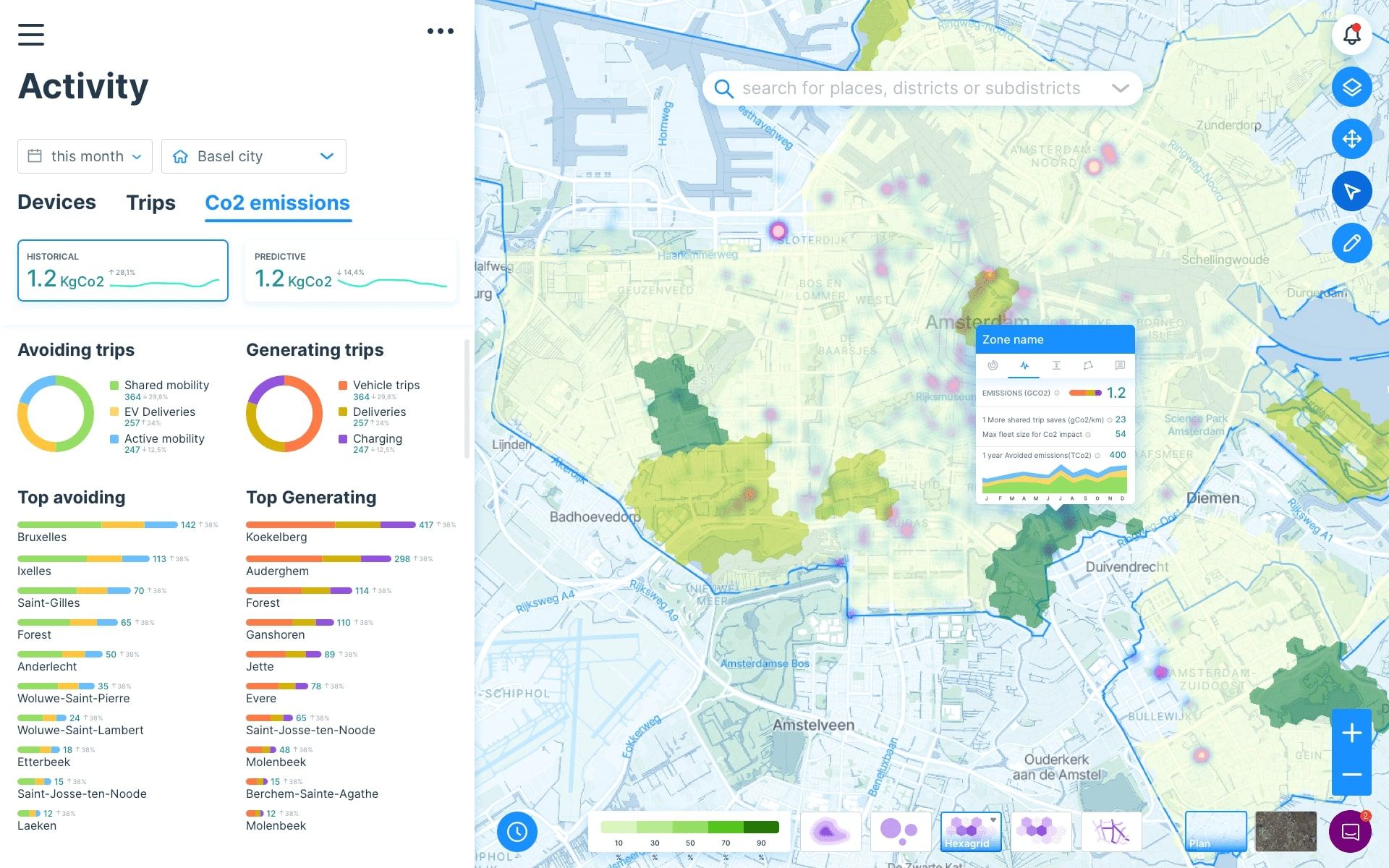 Zones d'économie de CO2 (pour les économies de CO2 par trajet) dans la ville d'Amsterdam.