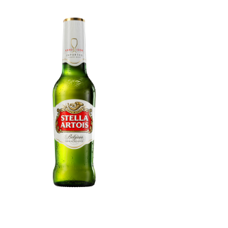 Groen flesje Stella Artois. In België zijn bruine flesjes gebruikelijk.