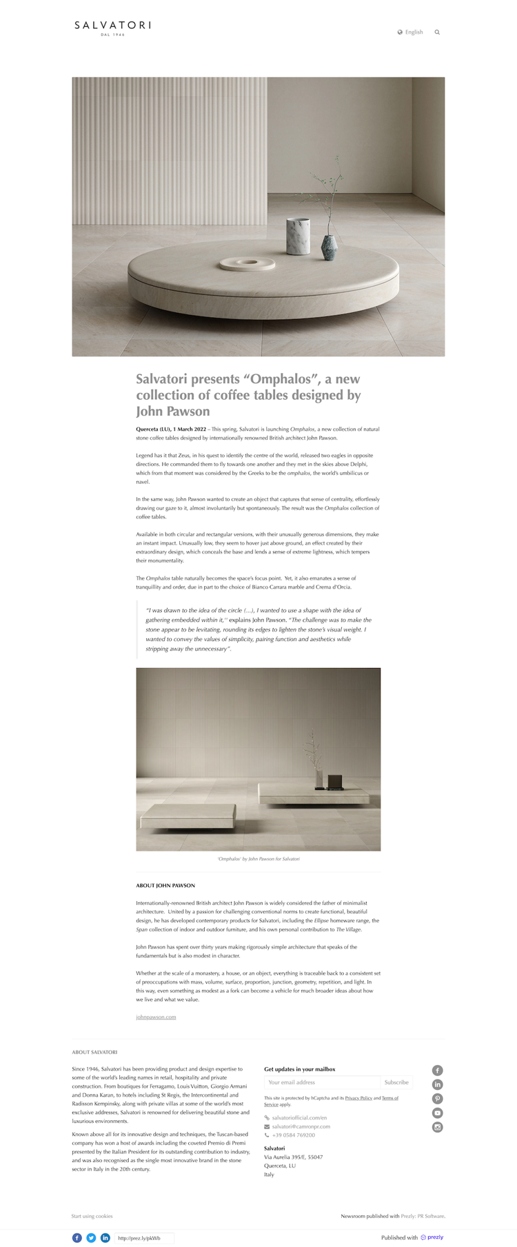 Salvatori presents “Omphalos”, a new collection of coffee tables designed by John Pawson