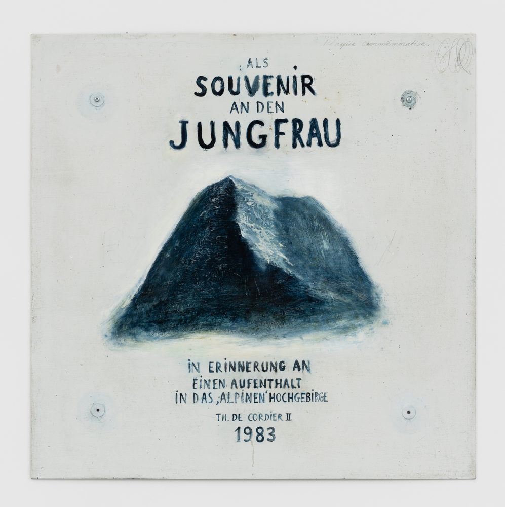 Thierry De Cordier, SOUVENIR AN DEN JUNGFRAU (plaque commémorative), 1983-1990 oil, enamel, varnish and pencil on metal plate with 4 perforations 100 × 100 cm. Photo credit: HV-studio Courtesy the Artist and Xavier Hufkens, Brussels