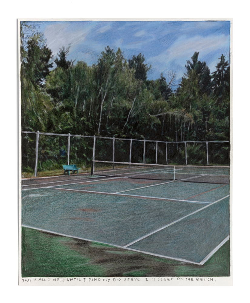 RINUS VAN DE VELDE, This is all I need until I find my big serve..., 2019. colored pencil on paper, 33,2 x 26,4 cm
