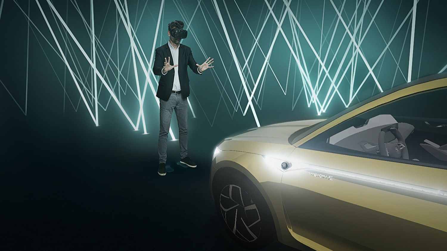 The visitors are immersed in virtual reality at the ŠKODA Museum. Thanks to virtual reality technology, they can explore the ŠKODA VISION E in the digital world and customise the interior of the future-oriented study according to their wishes.