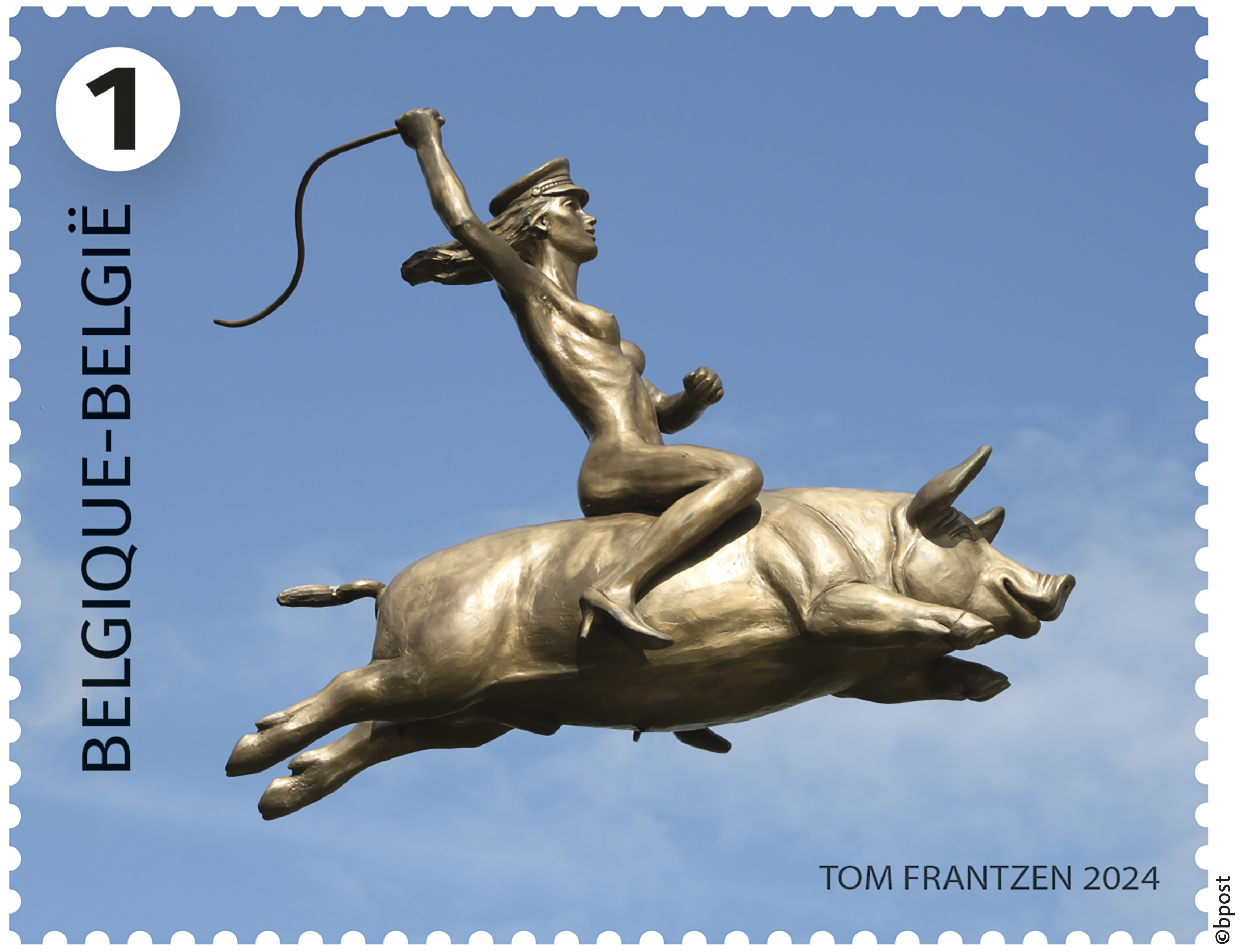 Un des timbres-poste de l'émission avec les oeuvres du sculpteur Tom Frantzen.
