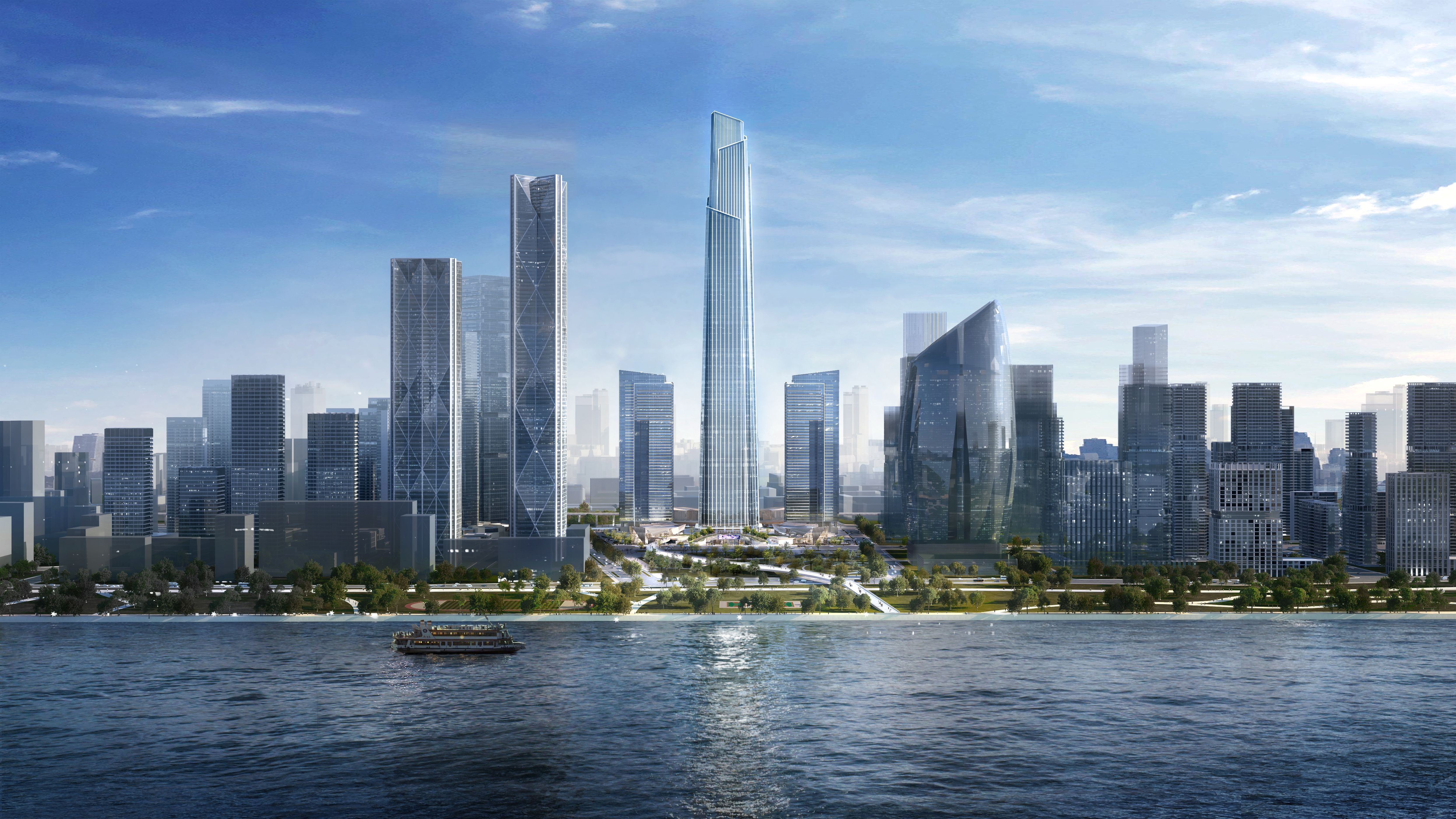 The Wuhan Chow Tai Fook Finance Centre, river view, by Ronald Lu & Partners