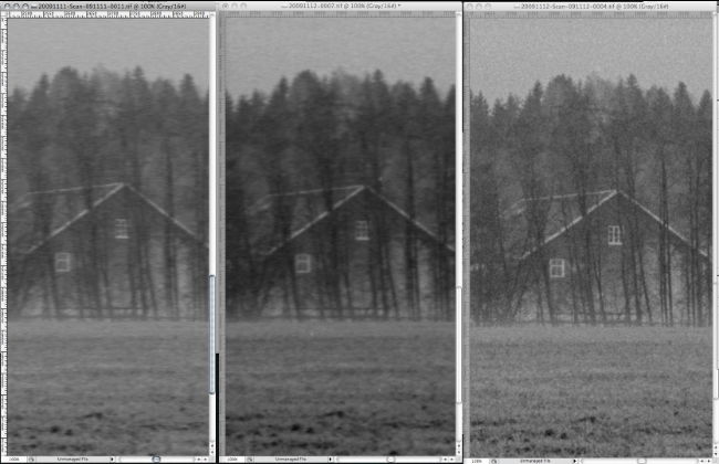 Magnifications of 3 scans of the same negative. Left: Epson 4990 with OEM negative holder. Middle: Epson 4990 with negative mounted emulsion down on 7mm glass with 1.2mm anti-newton ring glass over. Right: MicroTek ArtixScan 120TF with OEM glass holder. All scanned at 4000DPI with VueScan. © Børre Ludvigsen, 2009