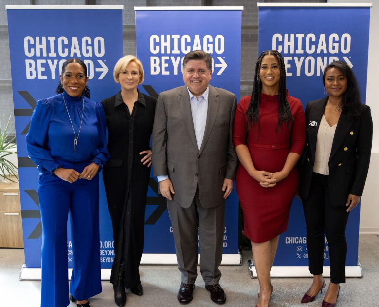 Lt. Gov. Juliana Stratton, MSNBC Morning Joe co-host Mika Brzezinski, Gov. JB Pritzker, Chicago Beyond Founder and CEO Liz Dozier, and actress and Baby Yams founder Tatyana Ali. (Credit: Taylor Dieng for MSNBC)