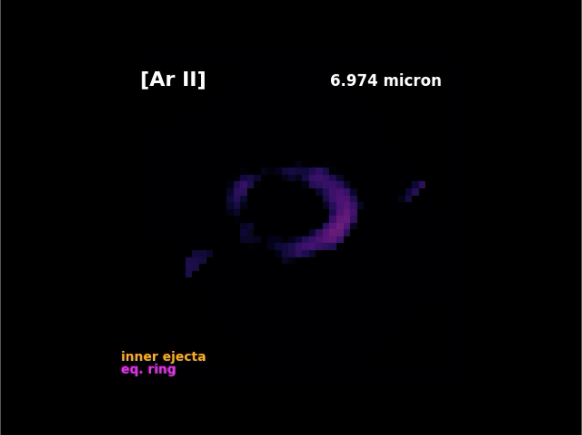 Fig. 2. Afbeelding uit een video die het verschijnen van de compacte geïoniseerde argon lichtbron (bij een golflengte van 7 micrometers) laat zien met het MIRI-instrument. (mpeg4-bestand apart verkrijgbaar)