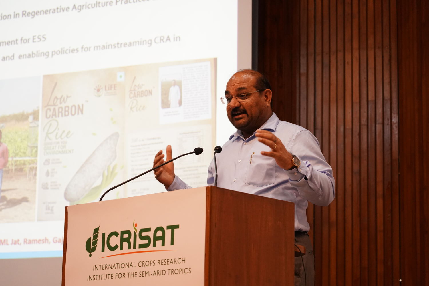  Dr ML Jat, Global Research Program Director of Resilient Farm and Food Systems at ICRISAT delivers a presentation.