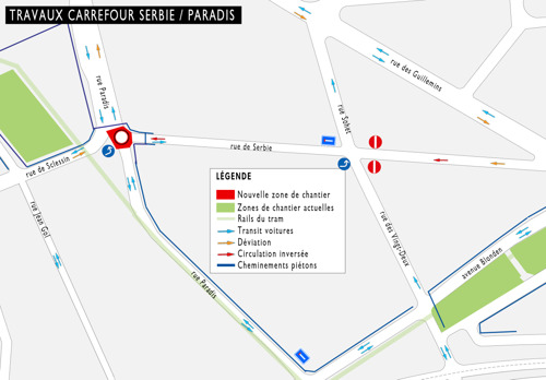 Tram de Liège: Travaux de voirie carrefour rue de Serbie et rue Paradis