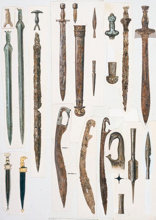 (Top) evolution of the swords: (fr. l. to r.) bronze, late Mycenaean, c. 1200 BC; iron, c. 820 BC; iron, c. 500 BC.  (bottom) Macedonian weapons: sword (kopis) with bird-shaped handle; spear heads. AKG333081 © akg-images / Peter Connolly