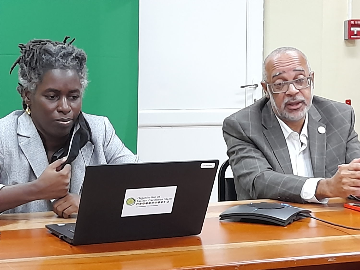 [L-R] Dr. Carlene Radix, Head of the Human and Social Cluster, OECS; and Dr. Didacus Jules, Director General at the OECS attend a press briefing following the 7th OECS Council of Ministers Meeting for Social Development.