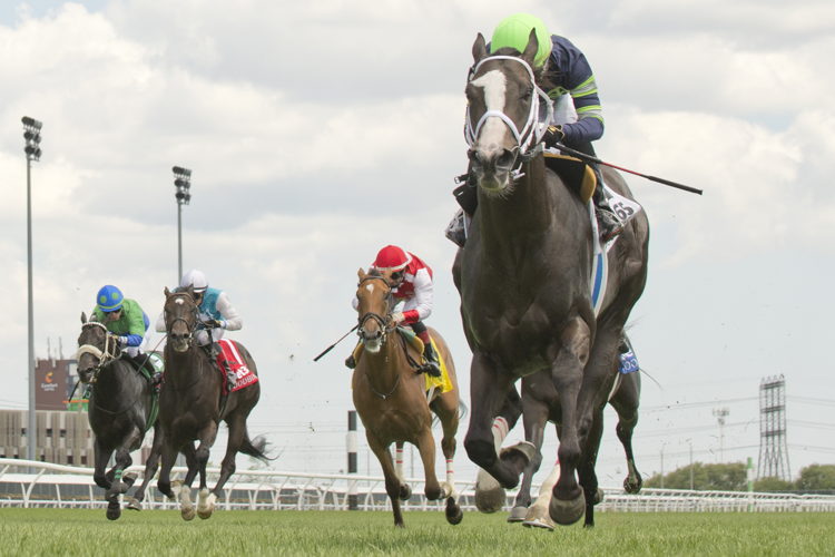 Live Lucky and jockey Kazushi Kimura winning the Lake Huron Stakes on July 7, 2024 at Woodbine (Michael Burns Photo)