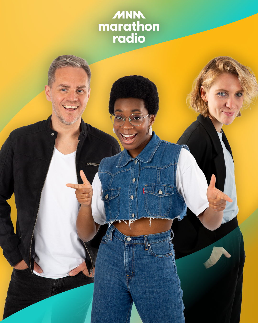Peter Van de Veire, Dorianne Aussems en, voor het eerst, Esther Nwanu presenteren Marathonradio 2021.