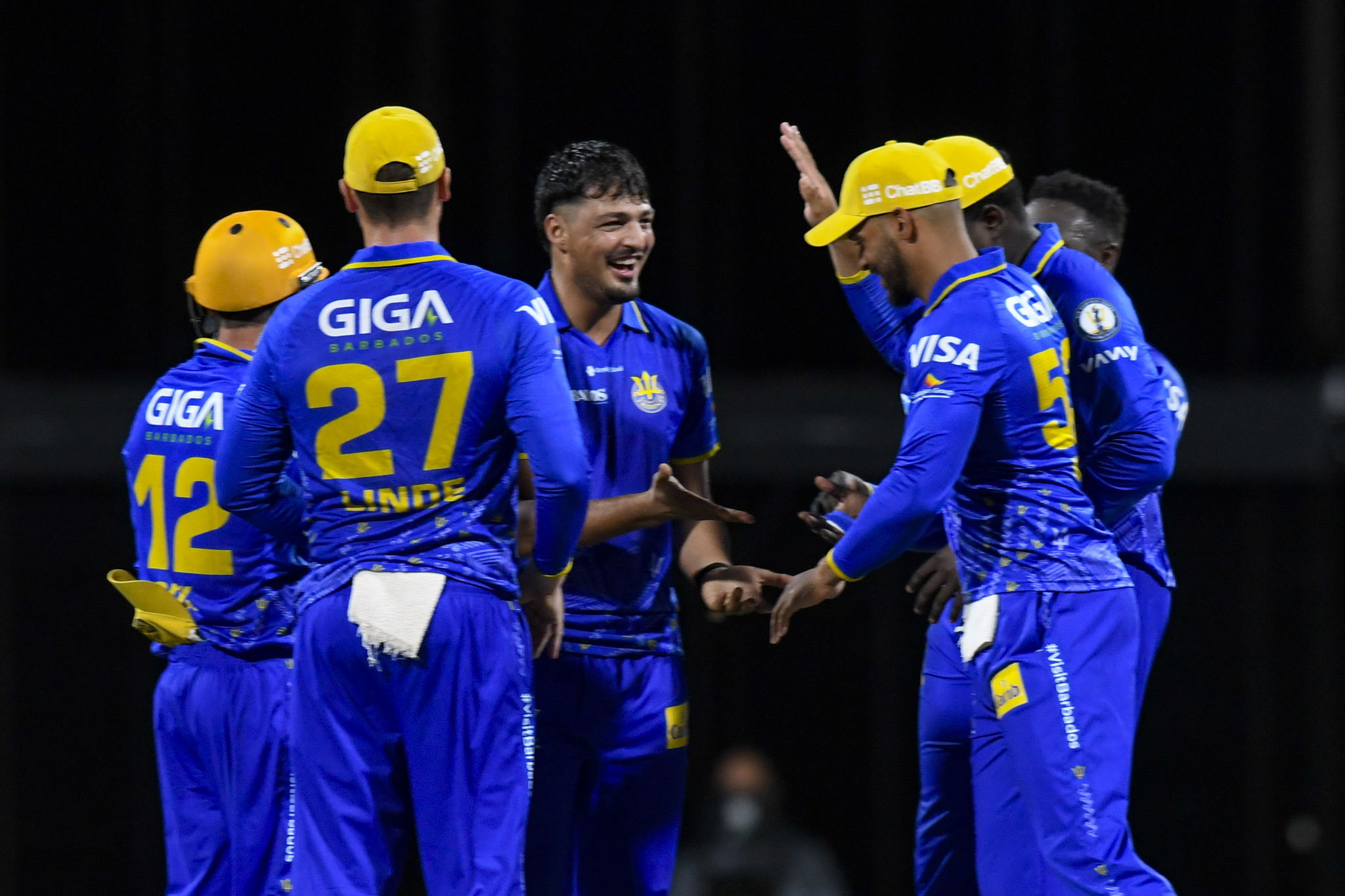 Barbados players celebrate during the match against Guyana at Kensington Oval.
