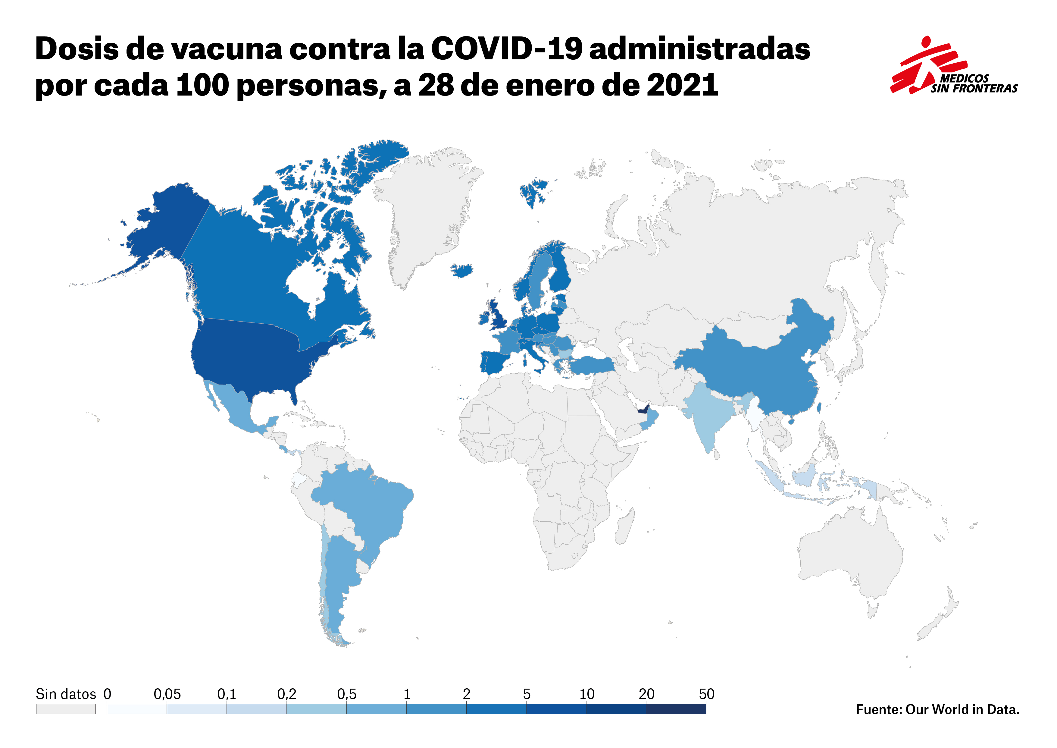 Dosis de vacuna contra la COVID-19 administradas por cada 100 habitantes. Fuente: Our World in Data