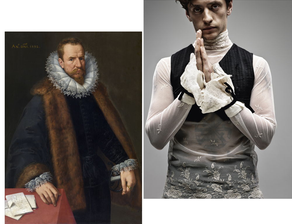 Left: Frans Pourbus II, Nicolaas de Hellincx, raadsheer van de koning (Nicolaas de Hellincx, Advisor to the King), 1592, Royal Museum of Fine Arts Antwerp, inv. 912, © Photo: Hugo Maertens, Royal Museum of Fine Arts Antwerp Right: Sergei Polunin in Sébastien Meunier for Ann Demeulemeester, blouse with detachable cuffs, in knitted net, decorated with machine-made embroidery, Autumn–Winter 2017–18, © Rankin