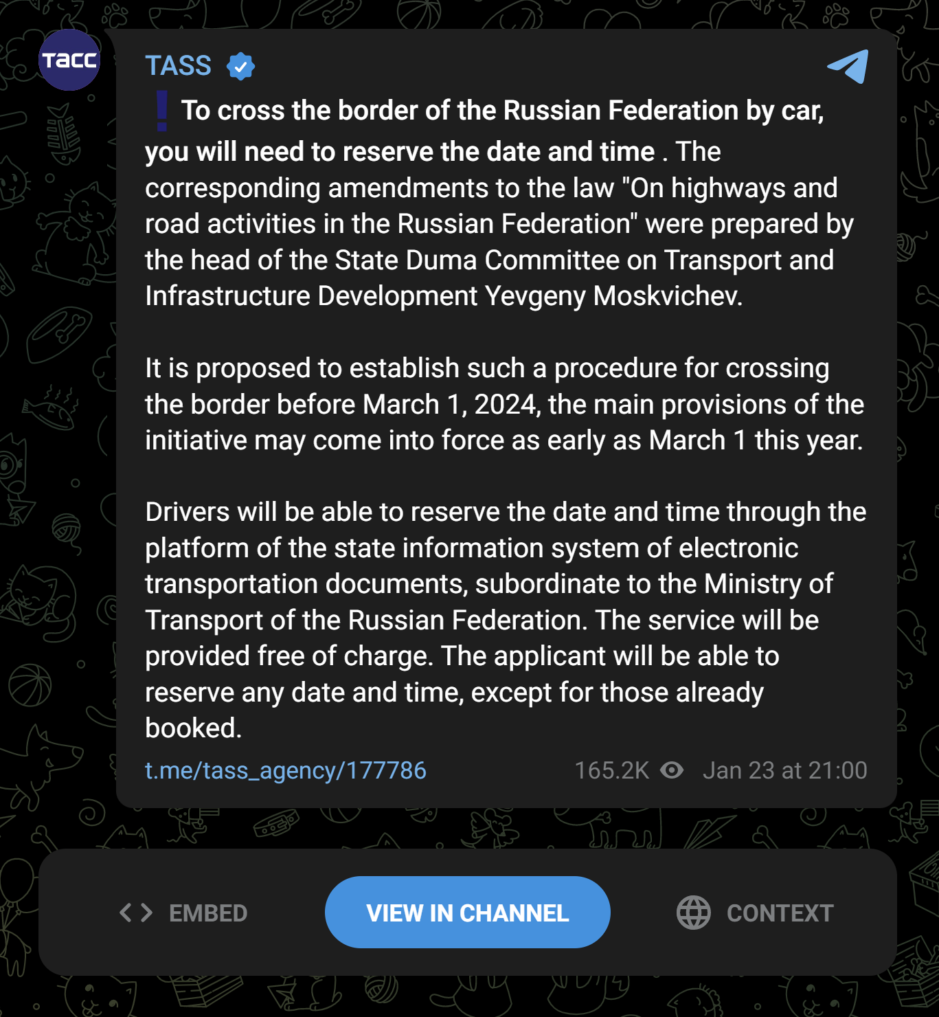 Screenshot of TASS report on their Telegram Channel covering the proposed border restrictions. Translated using Google. Source: https://t.me/tasss/177786