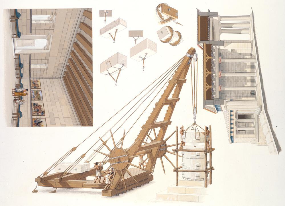 Athens (Greece), Acropolis.  Reconstruction: Propylaea (section) and interior view of the Pinakotheke. Crane, reconstruction, after a description by the Roman engineer Vitruvius, how it was probably used also in C5 BC. AKG302124 © akg-images / Peter Connolly