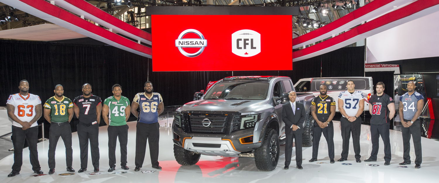 Left to right: J. Olafioye (BC); C. Watson (EDM); J. Turner (CGY); J. Knox Jr. (SSK); S. Bryant (WPG); Commissioner J. L. Orridge; S. Lawrence (HAM); T. Holmes (TOR); P. Lavoie (OTT); K. Hebert, (MTL). Credit: Adam Gagnon - CFL.