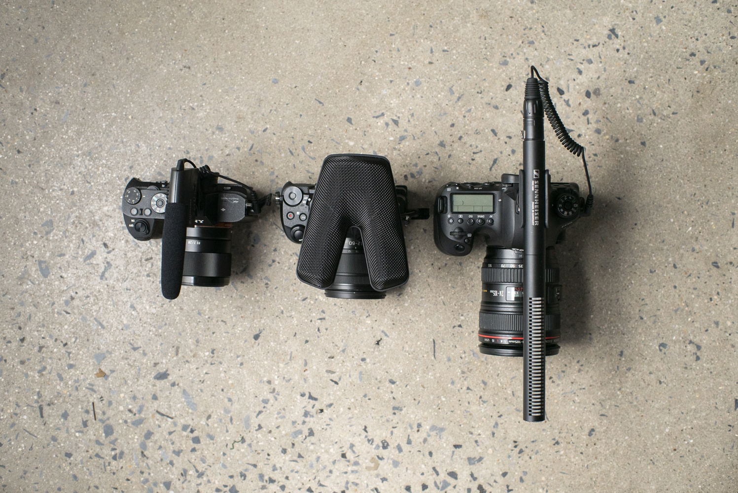 Quality audio for your DSLR/DSLM: Sennheiser showcases the wired camera microphones MKE 400 (mini-shotgun), MKE 440 (stereo) and MKE 600 (shotgun, left to right)	 