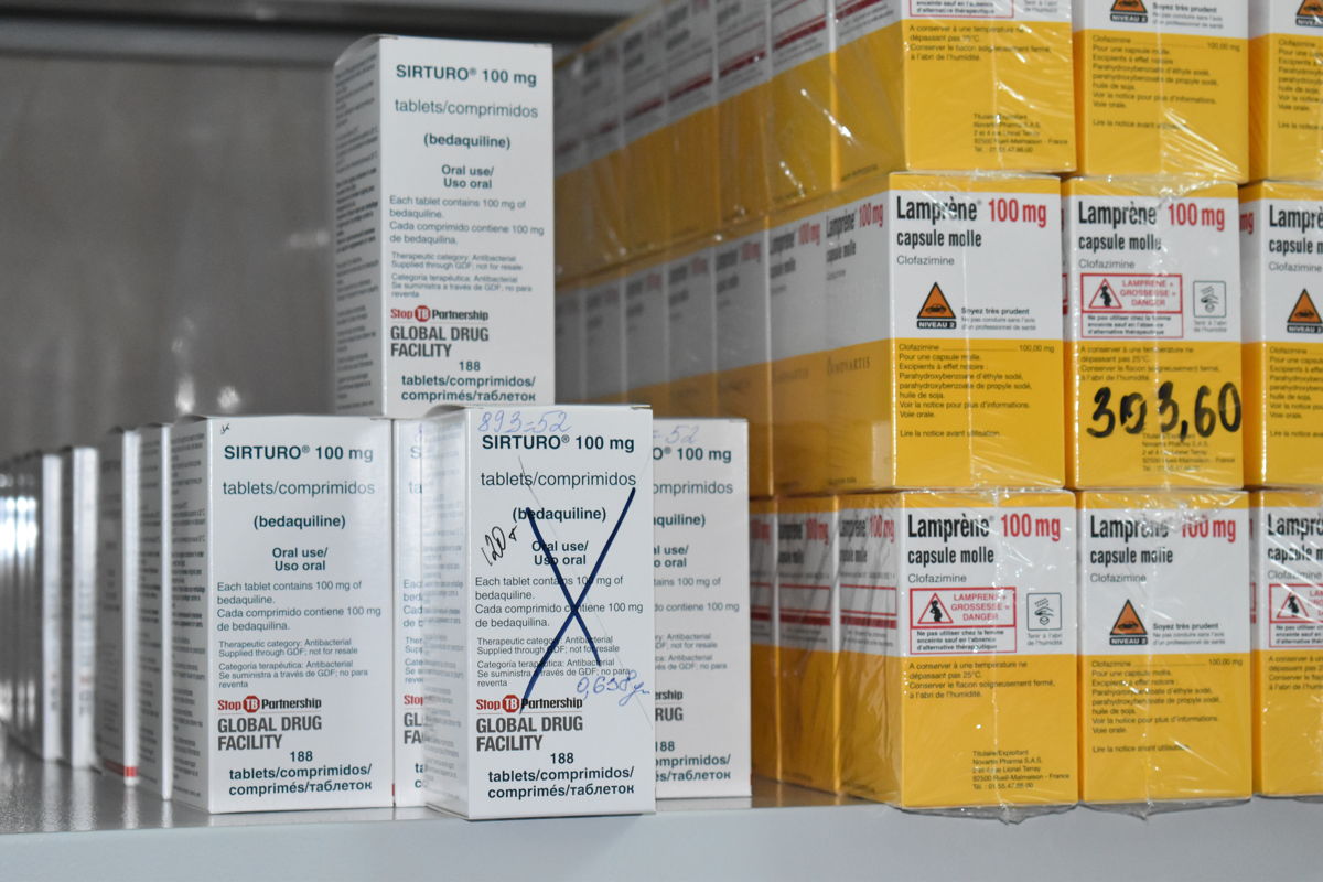 Packages with bedaquiline (white) and clofazimine (orange) in the hospital pharmacy of the Republican. Scientific and Practical Centre for Pulmonology and Tuberculosis, Minsk, Belarus. Bedaquiline and clofazimine were used for the pioneering TB-PRACTECAL clinical trial and now used for the SMARRTT operational study. TB-PRACTECAL is the first-ever multi-country, randomized, controlled clinical trial to report on the efficacy and safety of a six-month, all-oral regimen for Rifampicin-resistant tuberculosis (RR-TB). It tested a six-month regimen of bedaquiline, pretomanid, linezolid and moxifloxacin (BPaLM), against the locally accepted standard of care. The trial took place in seven sites across Belarus, South Africa, and Uzbekistan. Photographer Alexandra Sadokova. Date: 01/09/2022. Location: Belarus