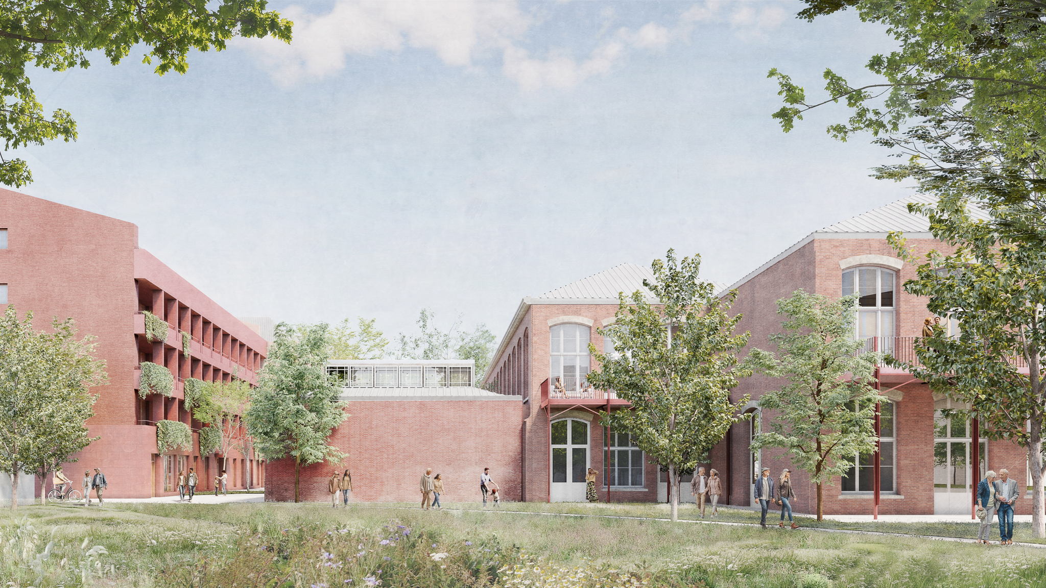 Voorlopig ontwerp van het nieuwe buurt- en klimaatpark met zicht naar de nieuwbouw en gerestaureerde historische gevels (copyright VDD Project Development & David Chipperfield Architects) Voorlopig ontwerp van het nieuwe buurt- en klimaatpark met zicht naar de nieuwbouw en gerestaureerde historische gevels (copyright VDD Project Development & David Chipperfield Architects)
