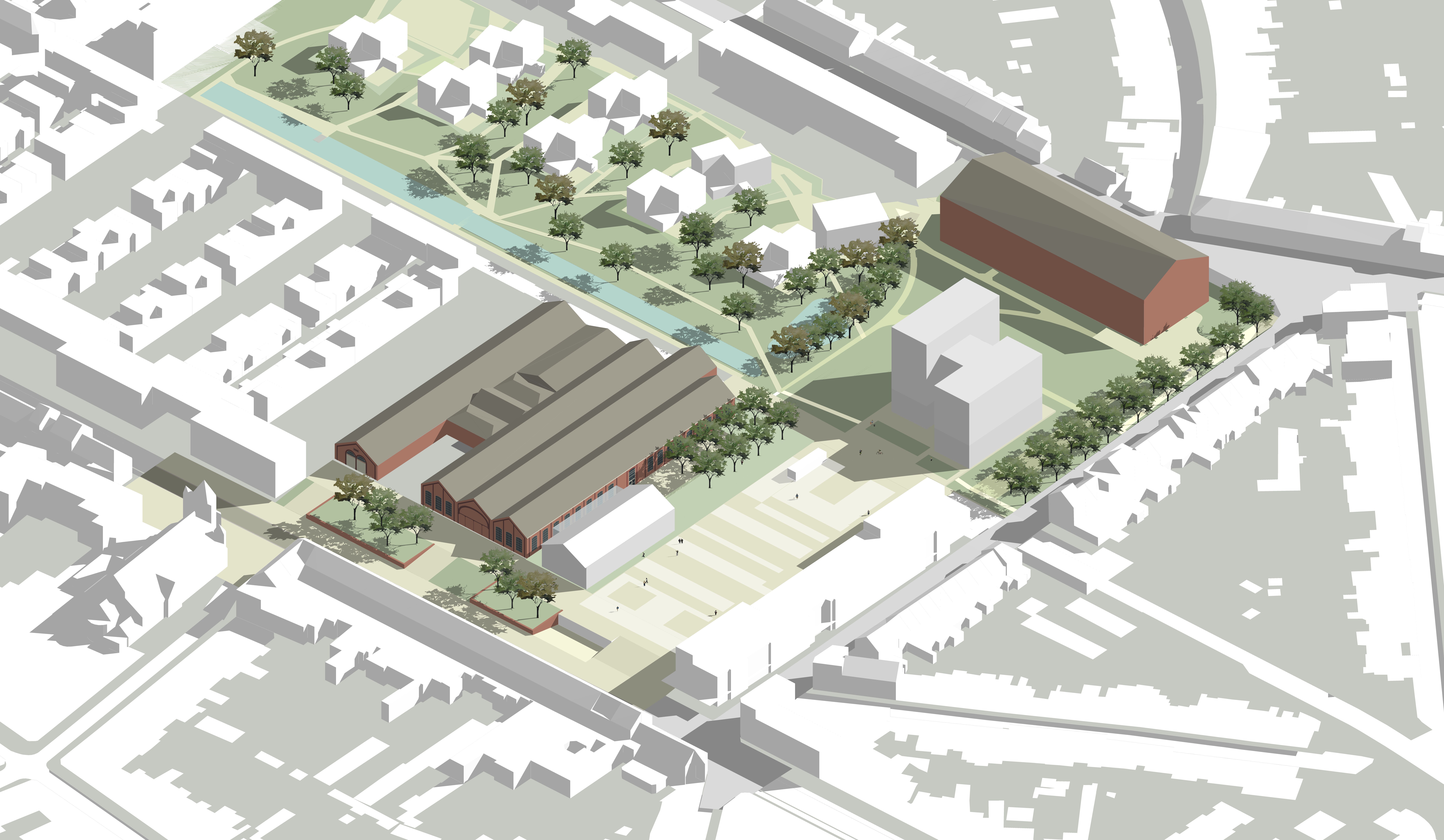 Deze tekening toont mogelijke volumes voor het Parkgebouw en Pleingebouw. Op die manier kunnen de afmetingen en inplanting beter getoond worden. De architectuur van de gebouwen moet nog ontworpen worden. De gebouwen zullen dus subtieler van vorm zijn dan de massieve blokken hier afgebeeld. Deze tekening toont mogelijke volumes voor het Parkgebouw en Pleingebouw. Op die manier kunnen de afmetingen en inplanting beter getoond worden. De architectuur van de gebouwen moet nog ontworpen worden. De gebouwen zullen dus subtieler van vorm zijn dan de massieve blokken hier afgebeeld.