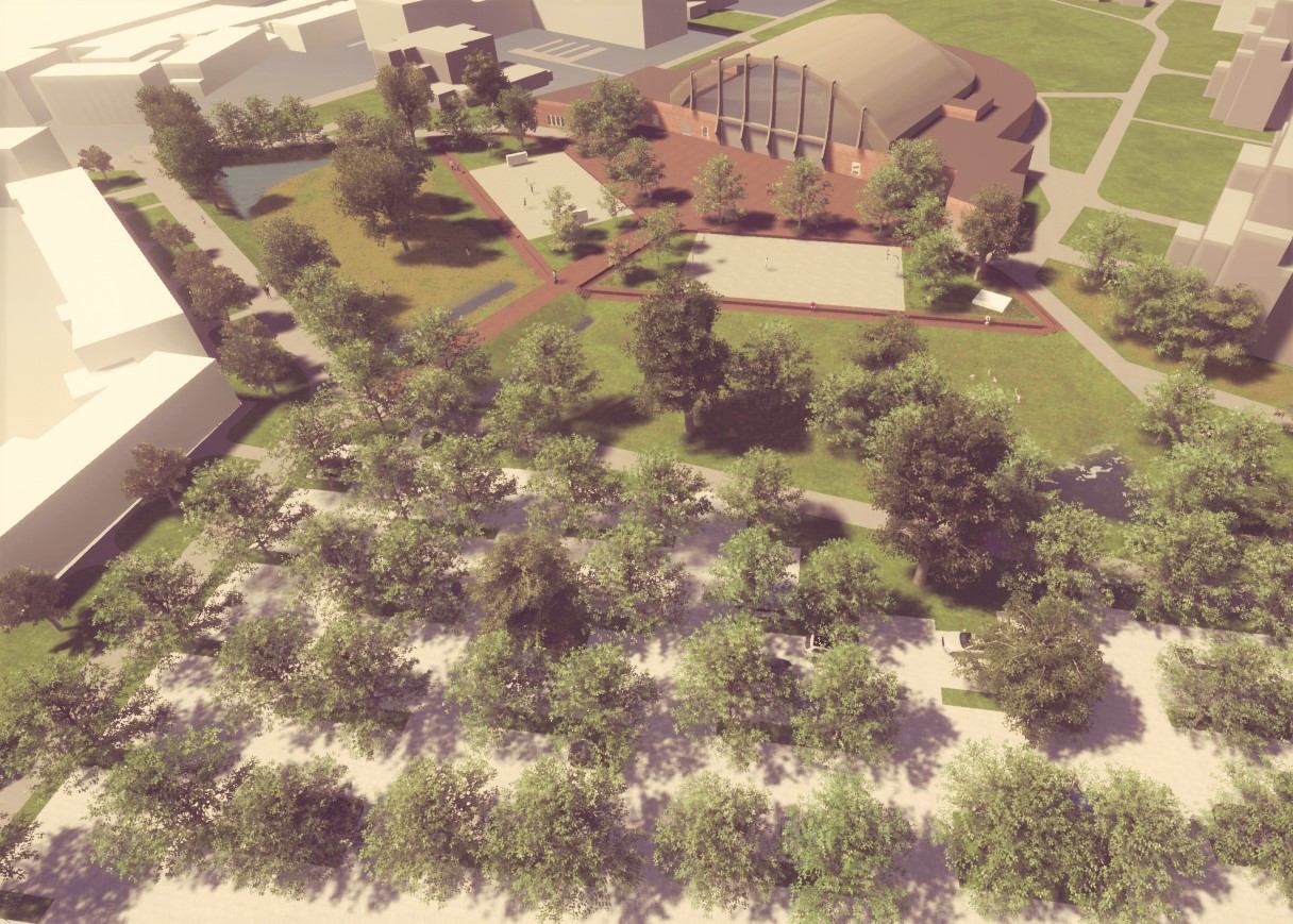Toekomstbeeld voorontwerp Arenaplein met parking Muggenberglei op voorgrond_© CLUSTER landschap & stedenbouw