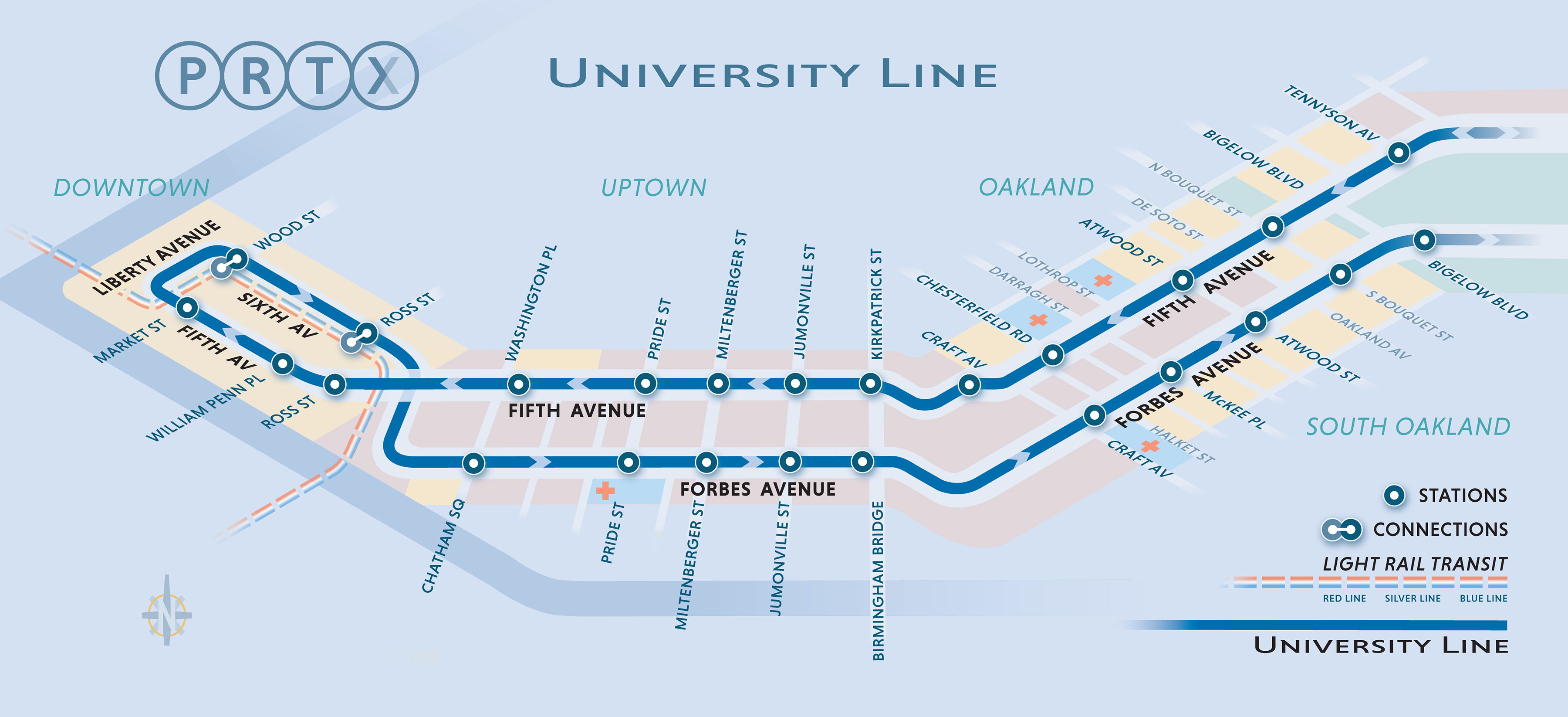 Map of 24 PRTX stations along the University Line corridor