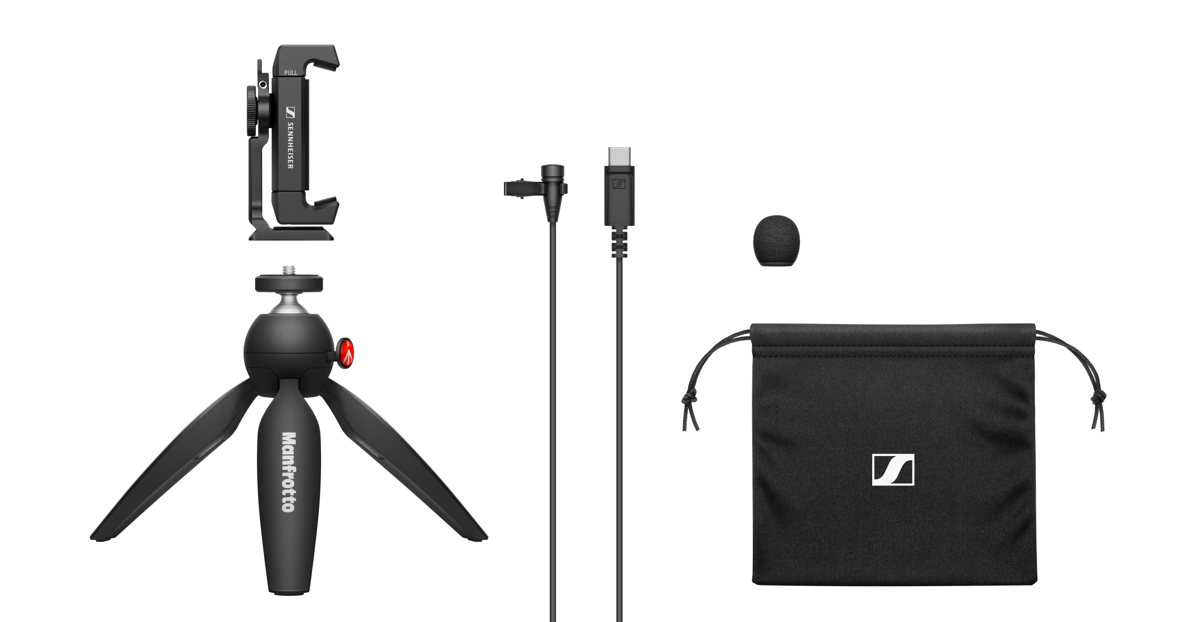 The XS Lav USB-C Mobile Kit has been developed for smartphone creators and includes a Manfrotto PIXI Mini Tripod and Sennheiser Smartphone Clamp