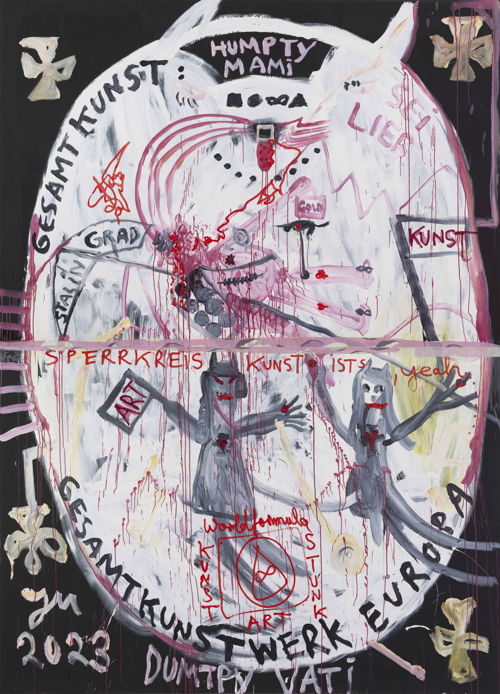 JONATHAN MEESE "MAD EGGOZ" (DER FALL DES HAUSES "REALITÄT"!), 2023 Oil and acrylic on canvas 364 x 262 cm reference N°: JM-P0322_Courtesy Tim Van Laere Gallery, Antwerp-Rome