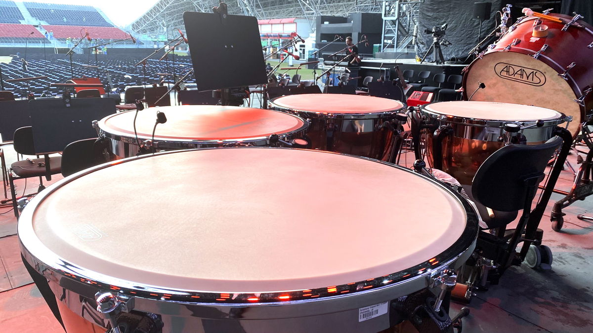 MCMs on the timpani waiting for the concert to start at Etihad Park, Abu Dhabi