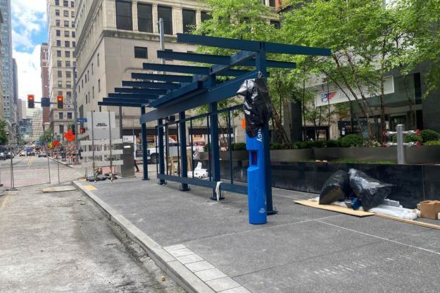 Metal bus shelter frame recently installed at new PRTX station at Sixth and Liberty avenues