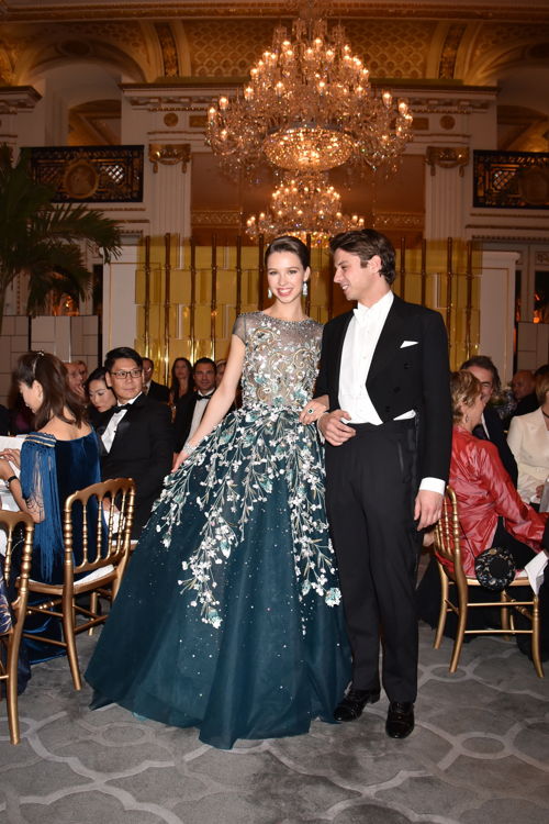 Countess Angélique de Limburg Stirum (in Georges Hobeila and jewelry by Payal New York) with her cavalier Count François de Limburg Stirum, Photo by Jean Luce Huré