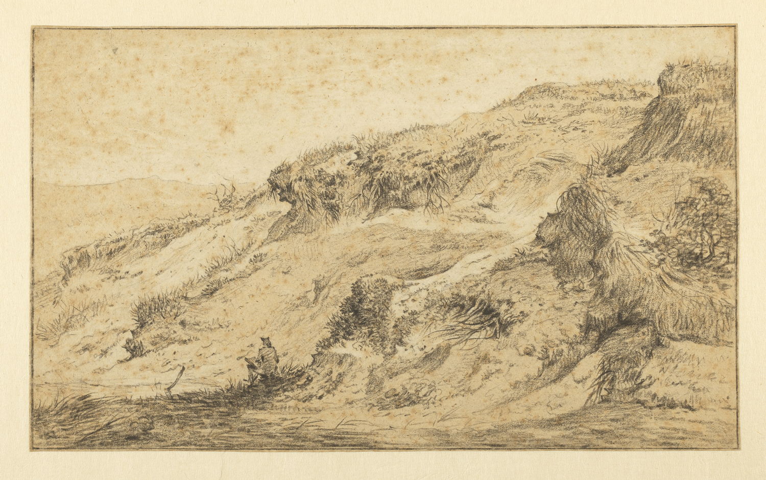 Hermanus Fock (Amsterdam 1766 - Franeker 1822)  Duinlandschap met een tekenaar Zwart krijt, gehoogd met wit krijt, op lichtbruin papier .Langdurige bruikleen van Stichting Jean van Caloen 