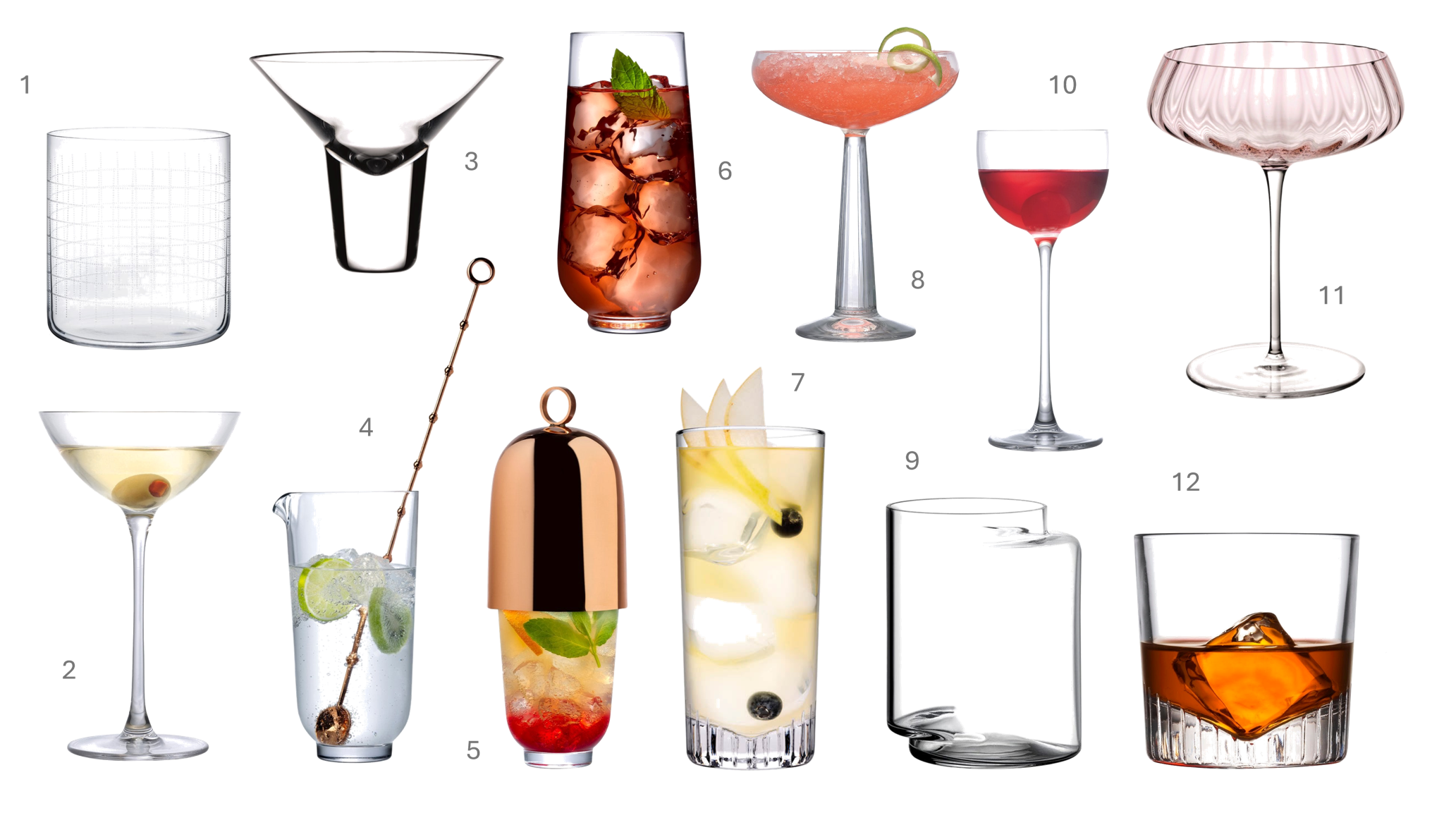 1.Finesse Grid Set of 4 Whisky SOF Glasses, €33, 2.Savage Set of 2 Coupetini Glasses, €29, 3.Gravity Set of 2 Martini Cocktail Glasses, €74, 4.Hepburn Mixing Glass with Metal Stirrer, €63, 5.Hepburn Set of 4 Long Drink Glasses, €51, 6.Hepburn Shaker with Metal Top, €81, 7.Caldera Set of 4 Highball Glasses 285cc, €54, 8.Big Top Set of 2 Coupe Glasses, €29, 9.Juno Set of 2 Glasses, €64, 10.Savage Set of 2 Pony Glasses, €23, 11.Round Up Dusty Rose Set of 2 Coupe Glasses, €60, 12.Caldera Set of 4 Whisky Glasses 270cc, €35