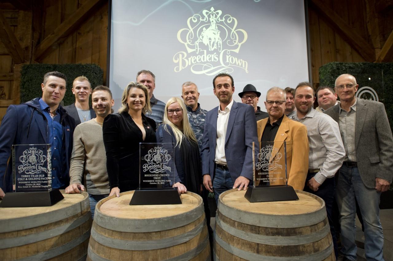 Drivers and trainers competing in this weekend's Breeders Crown gathered for a photo at Tuesday's Press Conference. (Michael Burns photo)