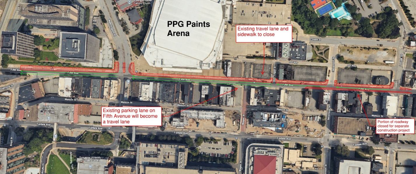Ariel view of new work zone on Fifth Avenue between Diamond and Pride streets