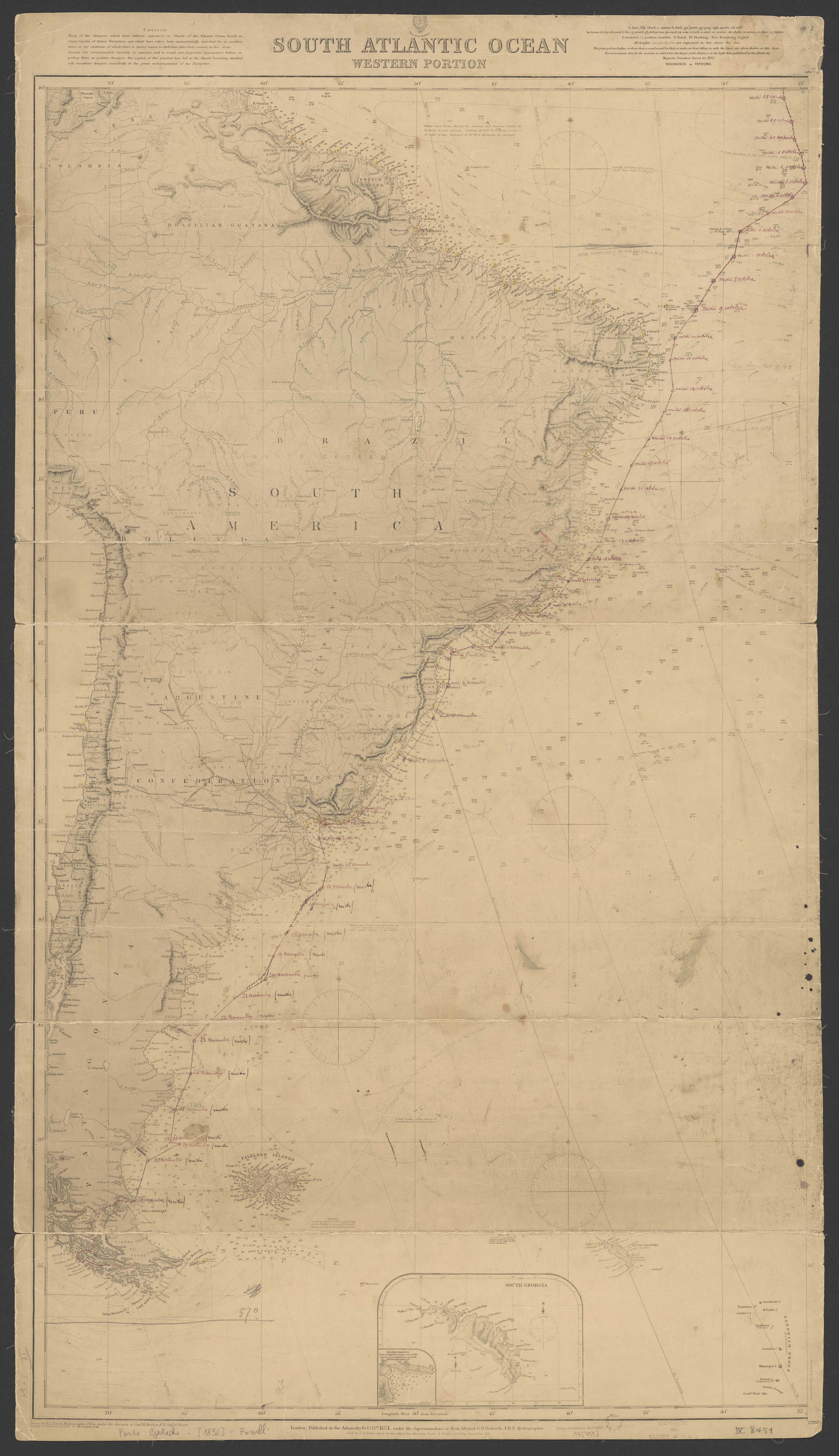 Carte de l'Amirauté : l'Océan Atlantique Sud en 1871. Le parcours précis de navigation de la Belgica a été ajouté à la main par Adrien de Gerlache lui-même.