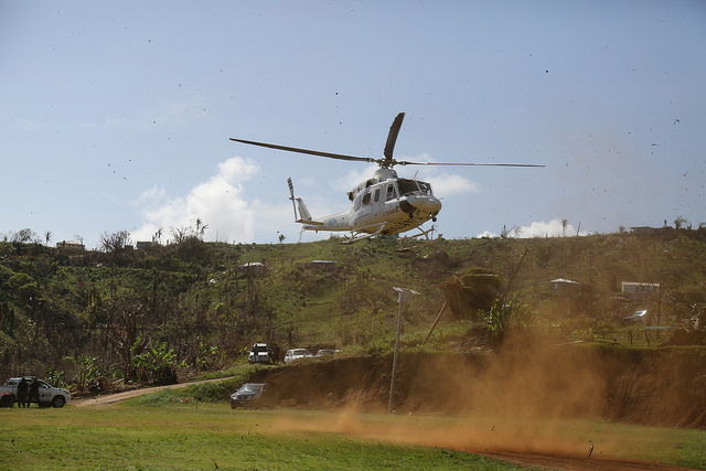 Helicopter arrives at the Kalinago Territory.