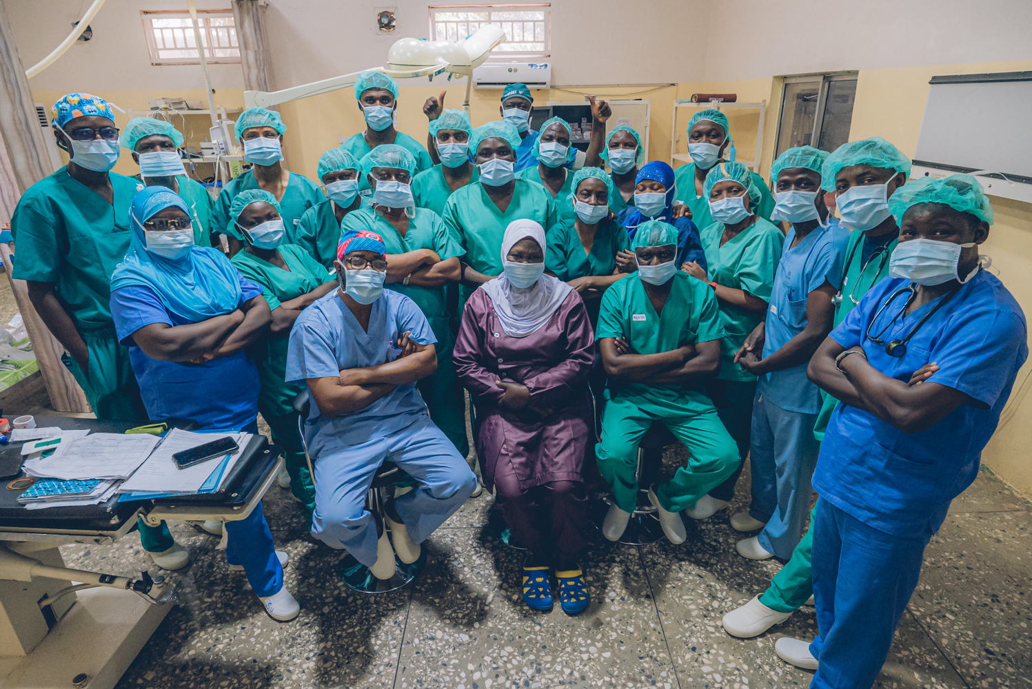  Four times a year, a team of highly trained plastic and maxillofacial surgeons, anaesthesiologists and nurses arrives at the Sokoto Noma Hospital, in Sokoto, Nigeria, to perform life-changing reconstructive surgery for noma survivors. Inside the operating theatre, the team spends several hours operating on the more complicated cases. The noma surgical intervention in May 2023 was led by an all-Nigerian team. Sokoto, Nigeria. Photographer: Fabrice Caterini . Date: 08/05/2023. Location: Nigeria 