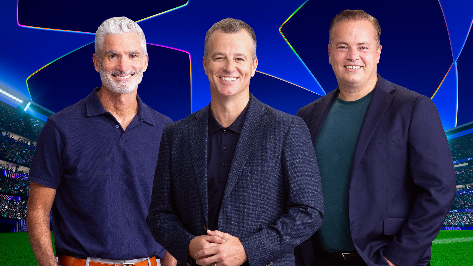 Stan Sport's UEFA Champions League lineup - Craig Foster, Adam Peacock & Mark Bosnich (L to R)