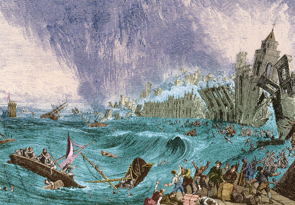 November 1, 1755. Shortly after the Lisbon earthquake struck the great city, a series of huge tsunami waves crashed over the harbor quays, engulfed the lower part of Lisbon on the shore of the Tagus, and submerged much of the lower part of the city including its newly built, marble quay of Cais De Pedra which disappeared into the river. The first three of these tsunami waves were the largest and completed the destruction brought about by the two earlier strong quake shocks. 20,000 more of the terrified survivors who had rushed to the open space of the docks and the waterfront quay for safety, lost their lives to these tsunami waves. All boats moored in Lisbon's harbor were destroyed. AKG5464192 © akg-images / Science Source November 1, 1755. Shortly after the Lisbon earthquake struck the great city, a series of huge tsunami waves crashed over the harbor quays, engulfed the lower part of Lisbon on the shore of the Tagus, and submerged much of the lower part of the city including its newly built, marble quay of Cais De Pedra which disappeared into the river. The first three of these tsunami waves were the largest and completed the destruction brought about by the two earlier strong quake shocks. 20,000 more of the terrified survivors who had rushed to the open space of the docks and the waterfront quay for safety, lost their lives to these tsunami waves. All boats moored in Lisbon's harbor were destroyed. AKG5464192 © akg-images / Science Source