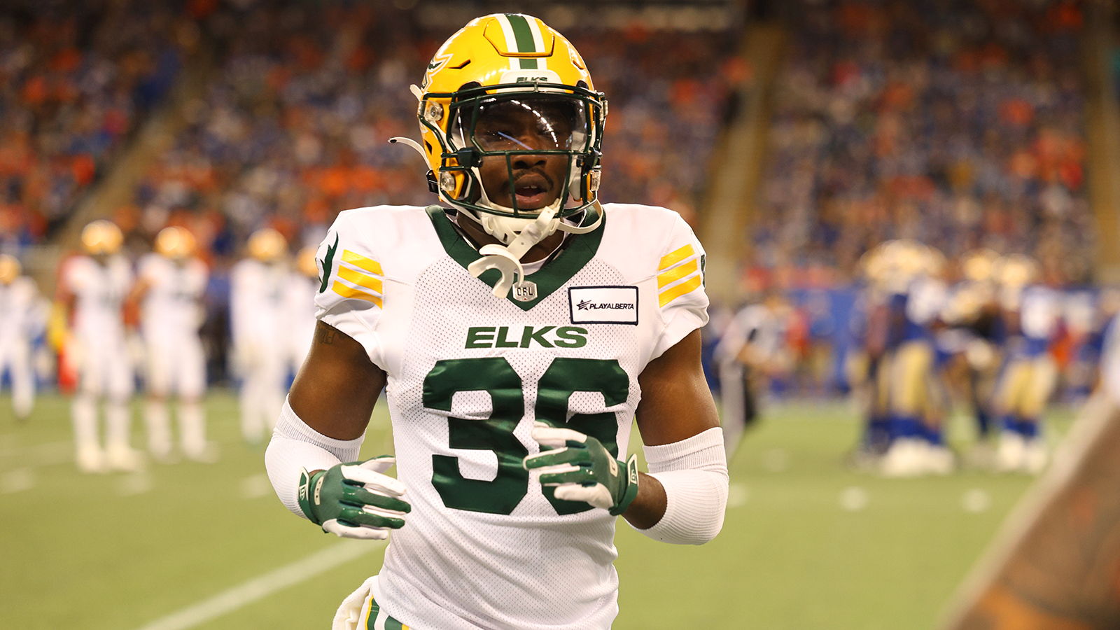 Jalen Green runs off the field at Princess Auto Stadium in Winnipeg