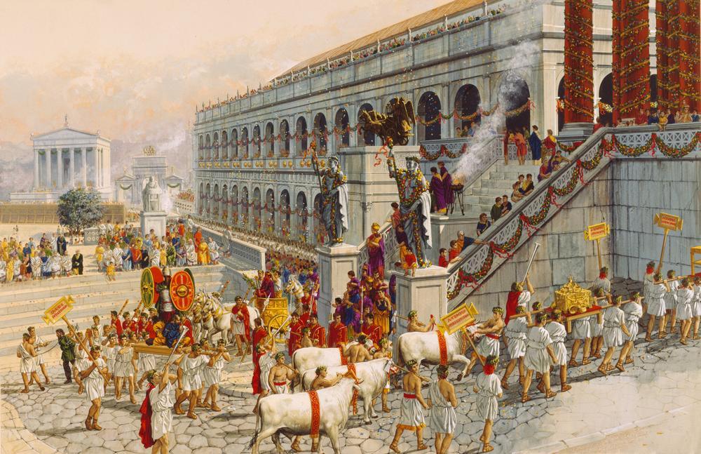 Titus’ triumphal procession through Rome after the capture and plunder of Jersusalem, 70 AD, with the loot. AKG301942 © akg-images