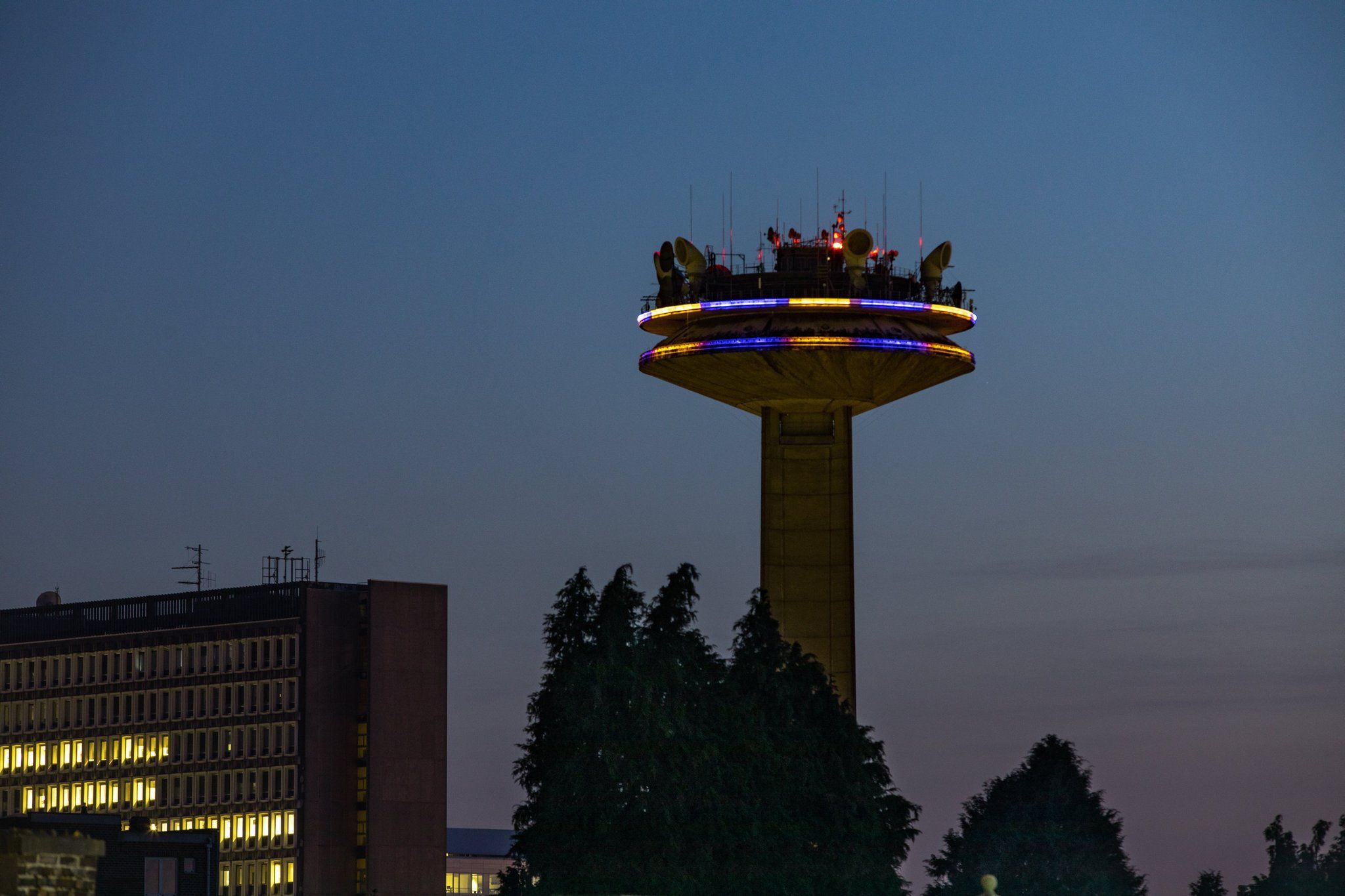 The landmark TV Tower in Brussels is lit up in the colours of the Ukrainian flag as a sign of support