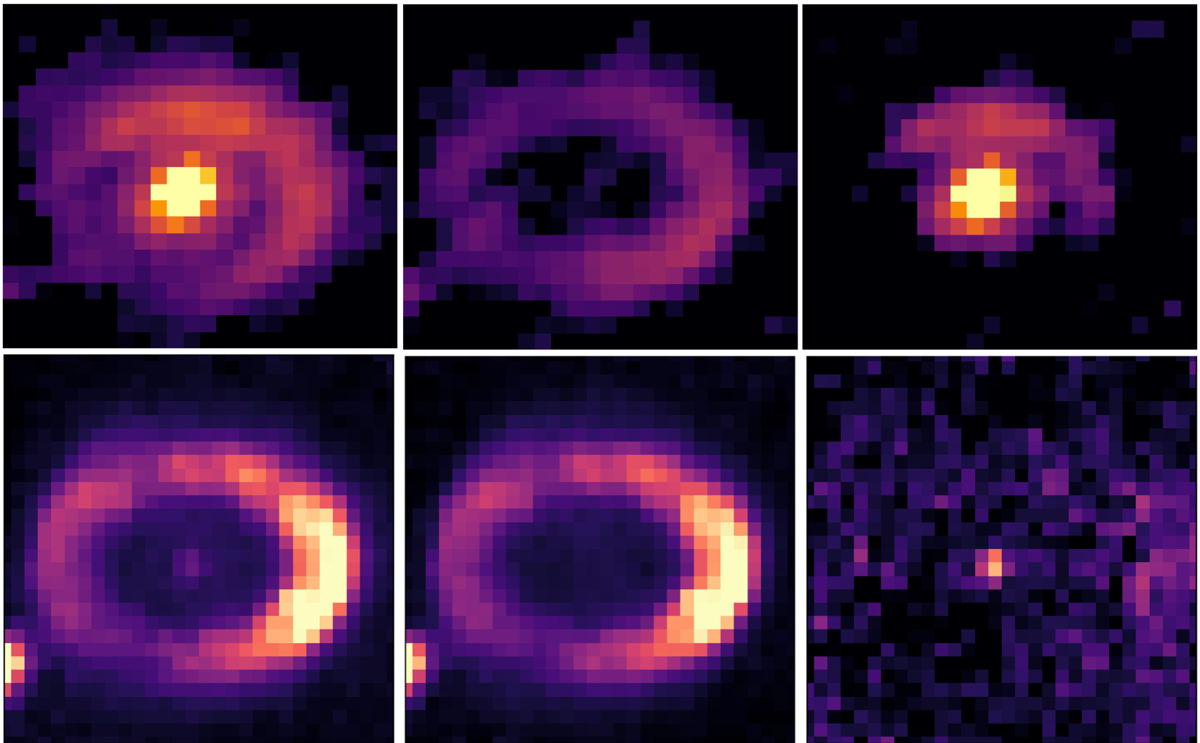 Fig. 3. Bovenste rij: links de Argon lichtbron-afbeelding van SN1987A, midden de Argon lichtbron van de gasring. Rechts is het verschil tussen links en midden, waar alleen de argon lichtbron van het compacte object in het midden te zien is. Onderste rij: hetzelfde voor een ander emissielijn in het spectrum van Argon.