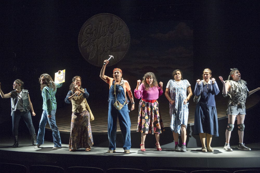 Reneltta Arluk (as Emily Dictionary), Lisa C. Ravensbergen (as Annie Cook), Tasha Faye Evans (as Marie Adele Starblanket), Tantoo Cardinal (as Pelajia Patchnose), Tracey Nepinak (as Philomena Moosetail), Tiffany Ayalik (as Zhaboonigan Peterson), Cheri Maracle (as Veronique St. Pierre), and Waawaate Fobister (as Nanabush) in The Rez Sisters by Tomson Highway / Photos by David Cooper / <a href="http://www.belfry.bc.ca/the-rez-sisters/" rel="nofollow">www.belfry.bc.ca/the-rez-sisters/</a>