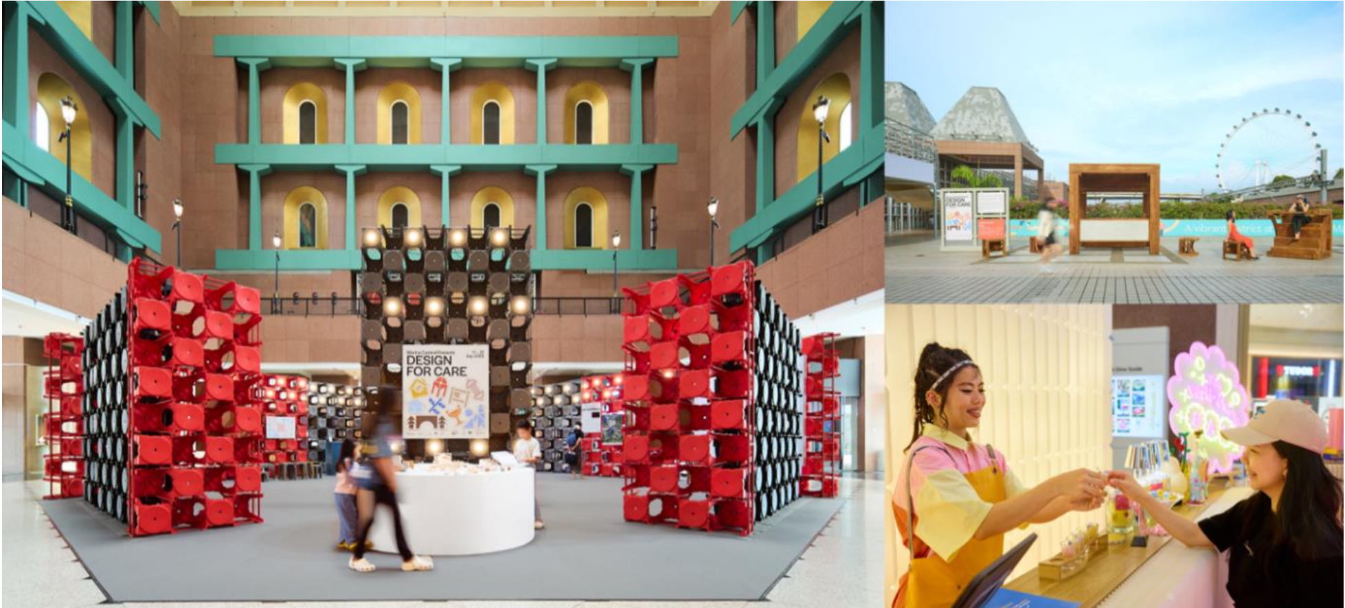 Clockwise from left: Care Pavilion at Millenia Walk, Care-Full Shelter at Linkbridge between Marina Square and Millenia Walk, The Well-Being Bar at Millenia Walk. Photos by Marina Central.